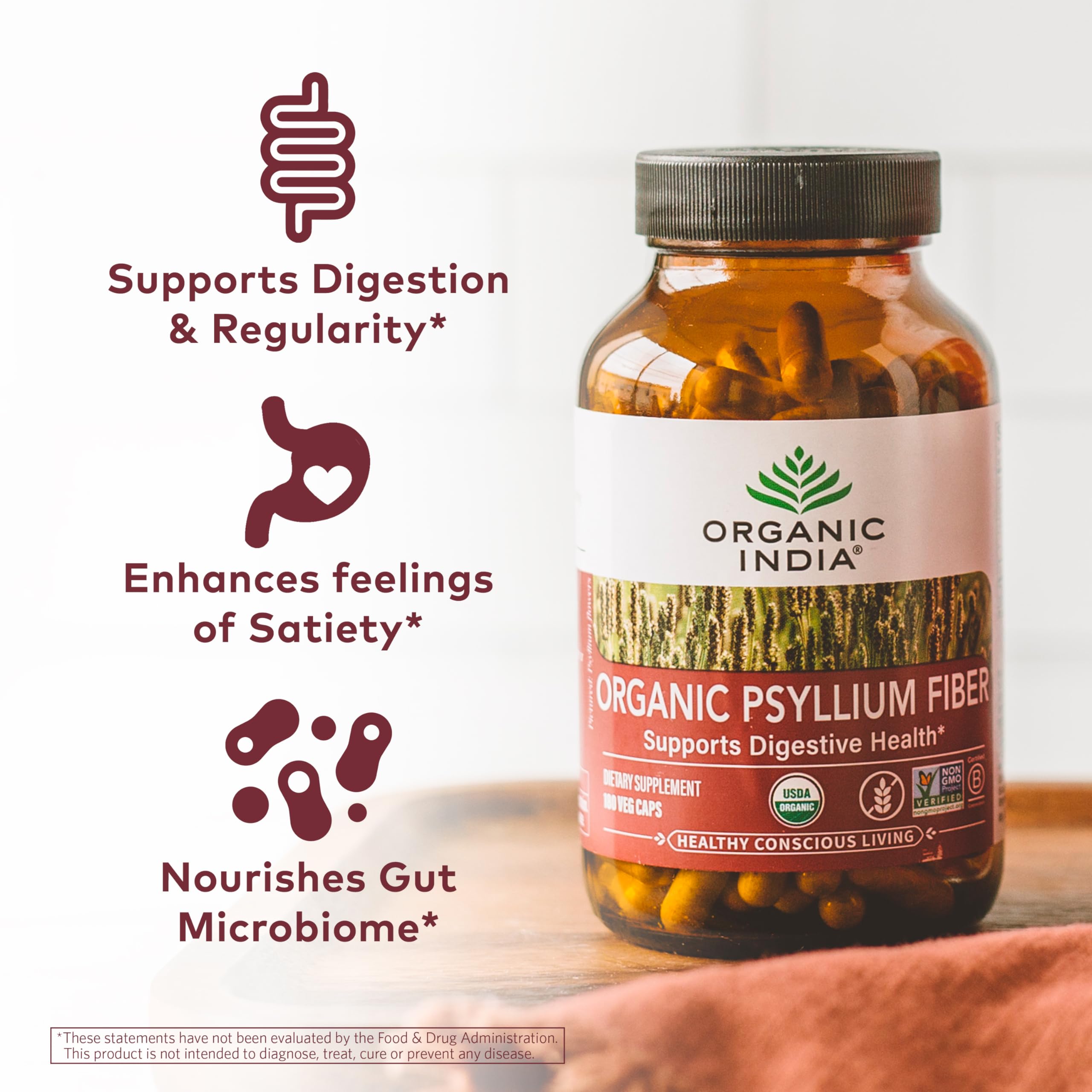ORGANIC INDIA Psyllium Husk Capsules - Fiber Supplement, Healthy Elimination - Vegan, Keto Friendly, Gluten-Free, USDA Certified Organic, Non-GMO