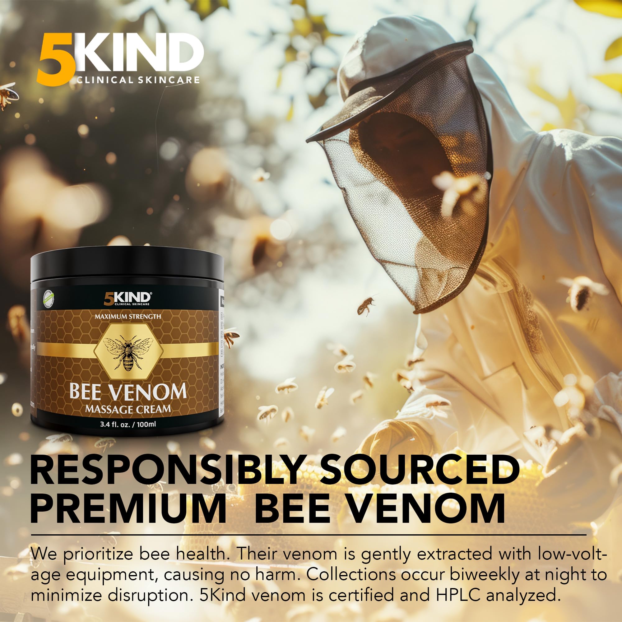 5kind Maximum Strength Bee Venom Cream - Naturally Massage Joints & Muscles, Lower Back, Knee, Neck, Shoulder, Hip & Feet - Responsibly Sourced Premium Bee Venom Cream 3.4 Fl Oz 5kind clinical skincare Au supplements