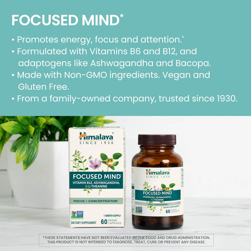Himalaya Focused Mind Supplement, with Ashwagandha, Bacopa & L-Theanine for Attention, Focus and Energy Support, 60 Vegan Capsules, Gluten Free, 1 Month Supply Himalaya Au supplements