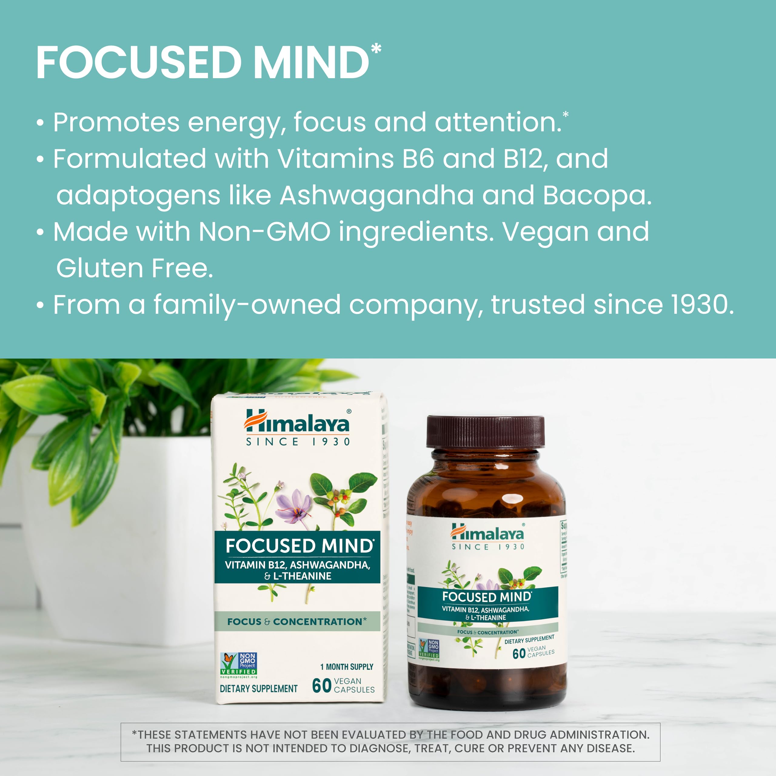 Himalaya Focused Mind Supplement, with Ashwagandha, Bacopa & L-Theanine for Attention, Focus and Energy Support, 60 Vegan Capsules, Gluten Free, 1 Month Supply Himalaya Au supplements