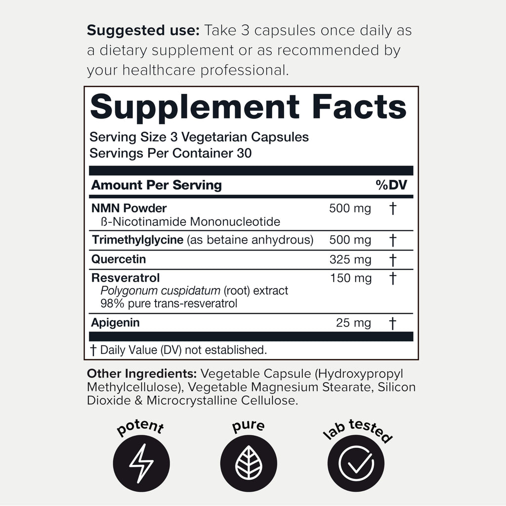 1500mg NMN Supplement with Resveratrol – High Potency Nicotinamide Mononucleotide 500mg with Trimethylglycine, Quercetin, Resveratrol & Apigenin – Pure NMN Capsules – Third-Party Tested – 30 Servings Toniiq Au supplements