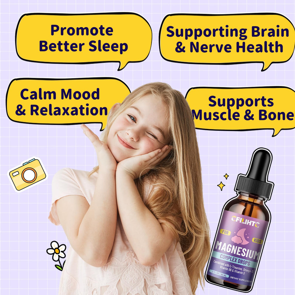 Kids Magnesium Liquid Drops-Magnesium Glycinate Liquid for Kids Supplement-w/L-theanine, Omega-3, Vitamin B6, D3 - for Sleep, Relaxation, Brain, Bones