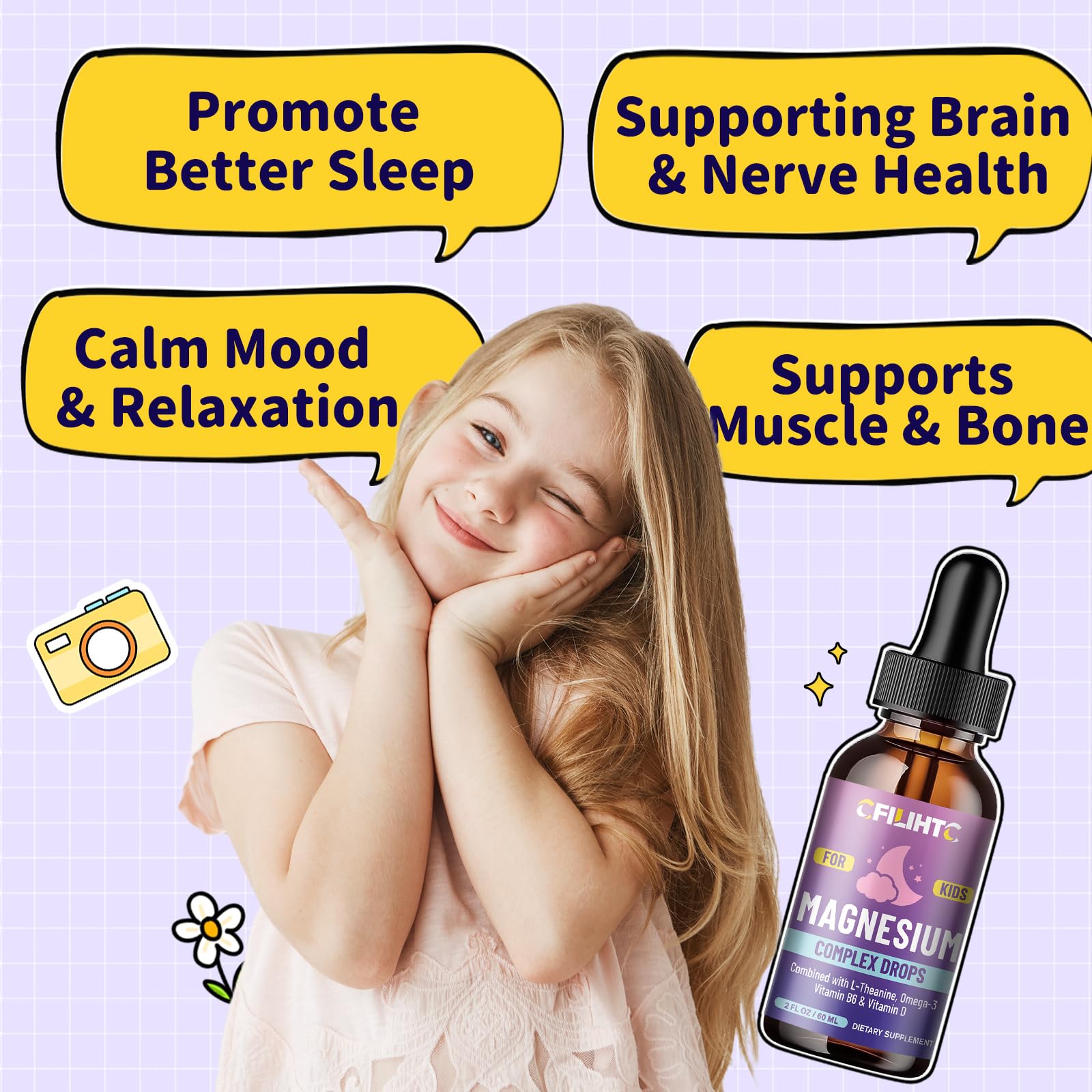 Kids Magnesium Liquid Drops-Magnesium Glycinate Liquid for Kids Supplement-w/L-theanine, Omega-3, Vitamin B6, D3 - for Sleep, Relaxation, Brain, Bones