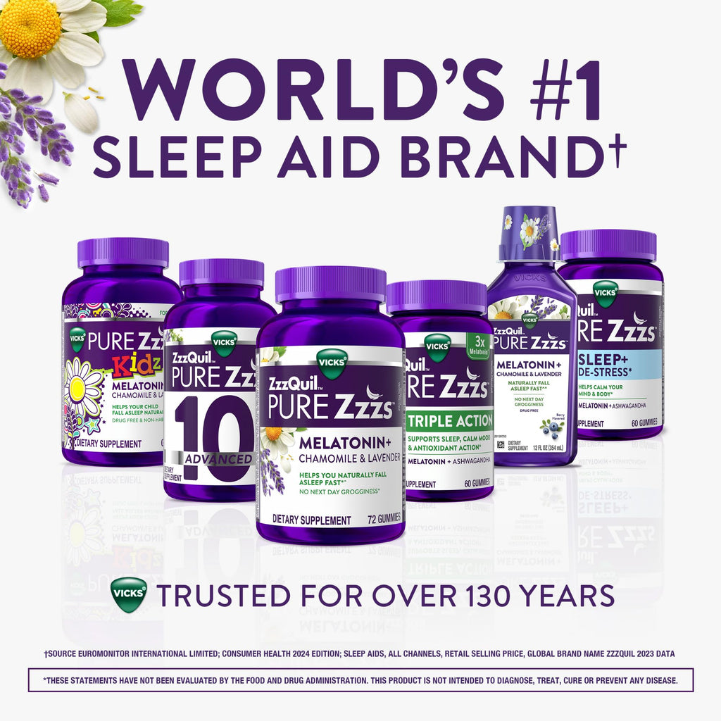 ZzzQuil Pure Zzzs Advanced Melatonin Gummies, Melatonin 10mg, Sleep Aid, with Chamomile & Lavender, Melatonin Sleep Gummies, Sleep Aids for Adults