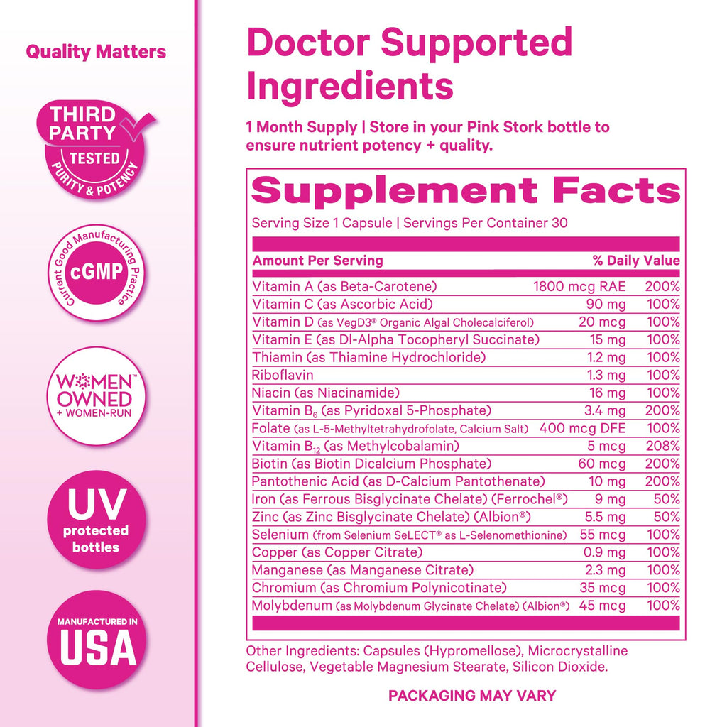 Pink Stork Total Women's Multivitamin - 19 Essential Vitamins for Women & Nutrients – Energy, Metabolism, Hormone, Immune & Mood Support – B6, B12, Biotin, Iron & Zinc – 30 Capsules Pink Stork Au supplements