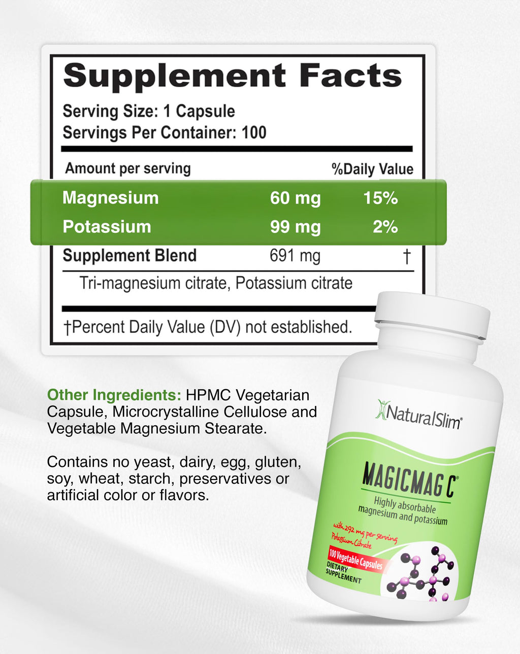 MagicMag C by NaturalSlim, Magnesium Citrate Capsules for Muscle Relaxation, Sleep Quality, Nerve Function & Electrolyte Support, Daily Magnesium Supplement