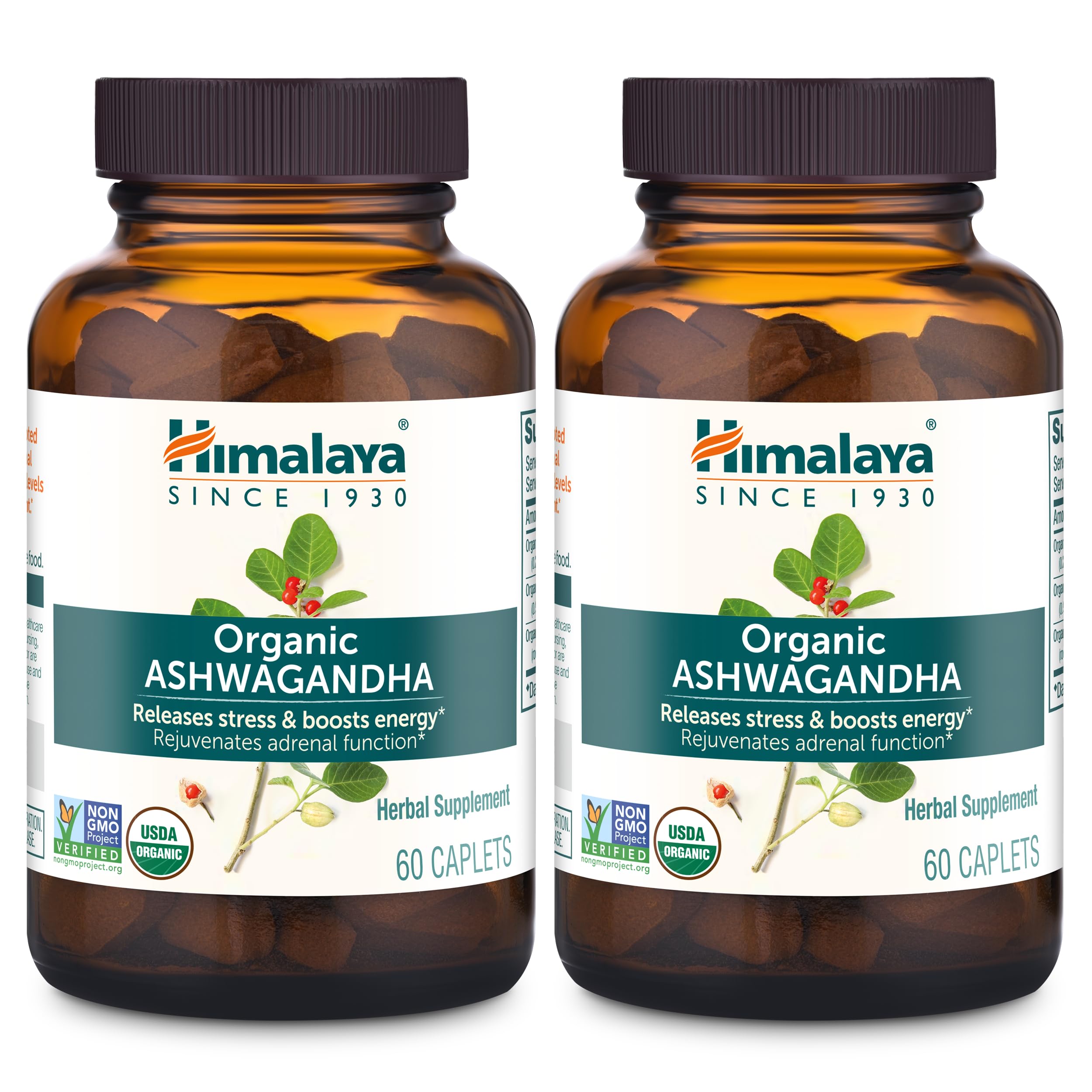 Himalaya Organic Ashwagandha Root, 120 Day Supply - Herbal Adrenal Support Supplements for Stress Relief and Energy Support - USDA Organic, Non-GMO, Vegan, Gluten Free, 60 Caplets, 2 Pack Himalaya Au supplements