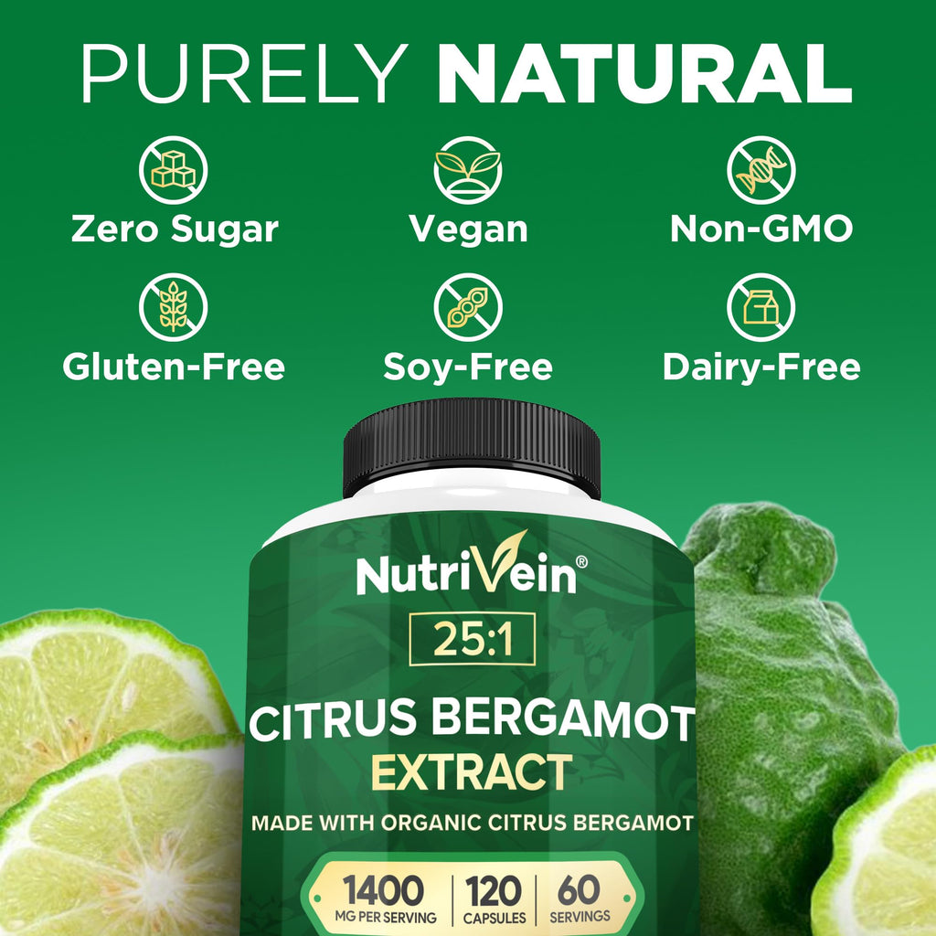 Nutrivein Premium Citrus Bergamot Supplement 1400mg 25:1 Bergamia Extract - 60 Day Supply (120 Capsules): Powerful Italian Citrus Bergamot 1400 mg+