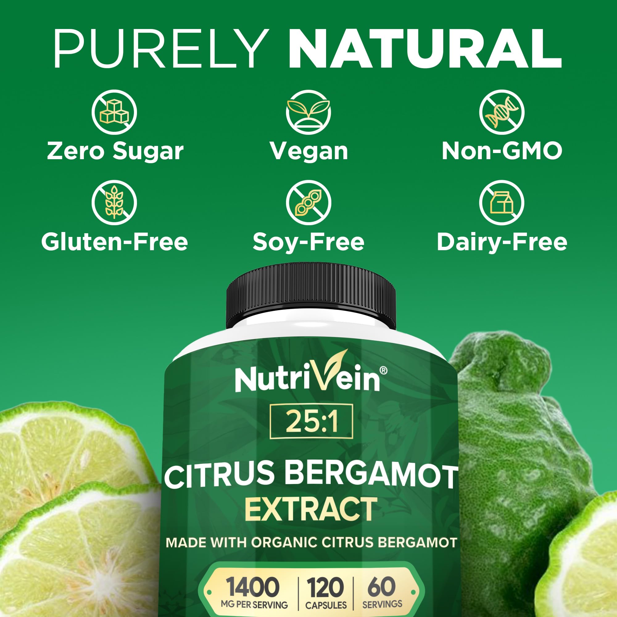 Nutrivein Premium Citrus Bergamot Supplement 1400mg 25:1 Bergamia Extract - 60 Day Supply (120 Capsules): Powerful Italian Citrus Bergamot 1400 mg+