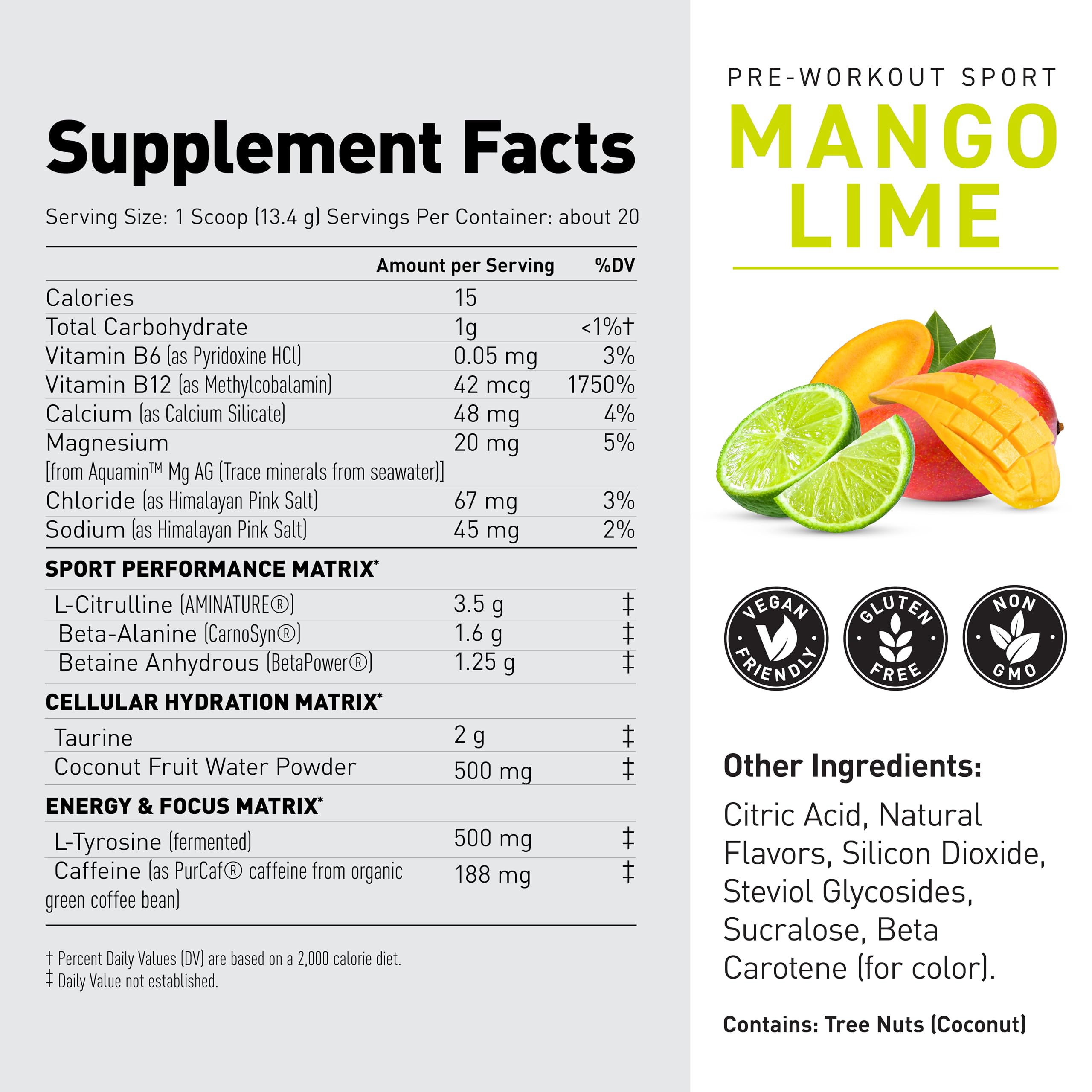 Kaged Sport Pre Workout Powder for Men & Women, Mango Lime, Sport Certified, 188mg Caffeine, Nitric Oxide Supplement, Beta Alanine for Energy, Weightlifting
