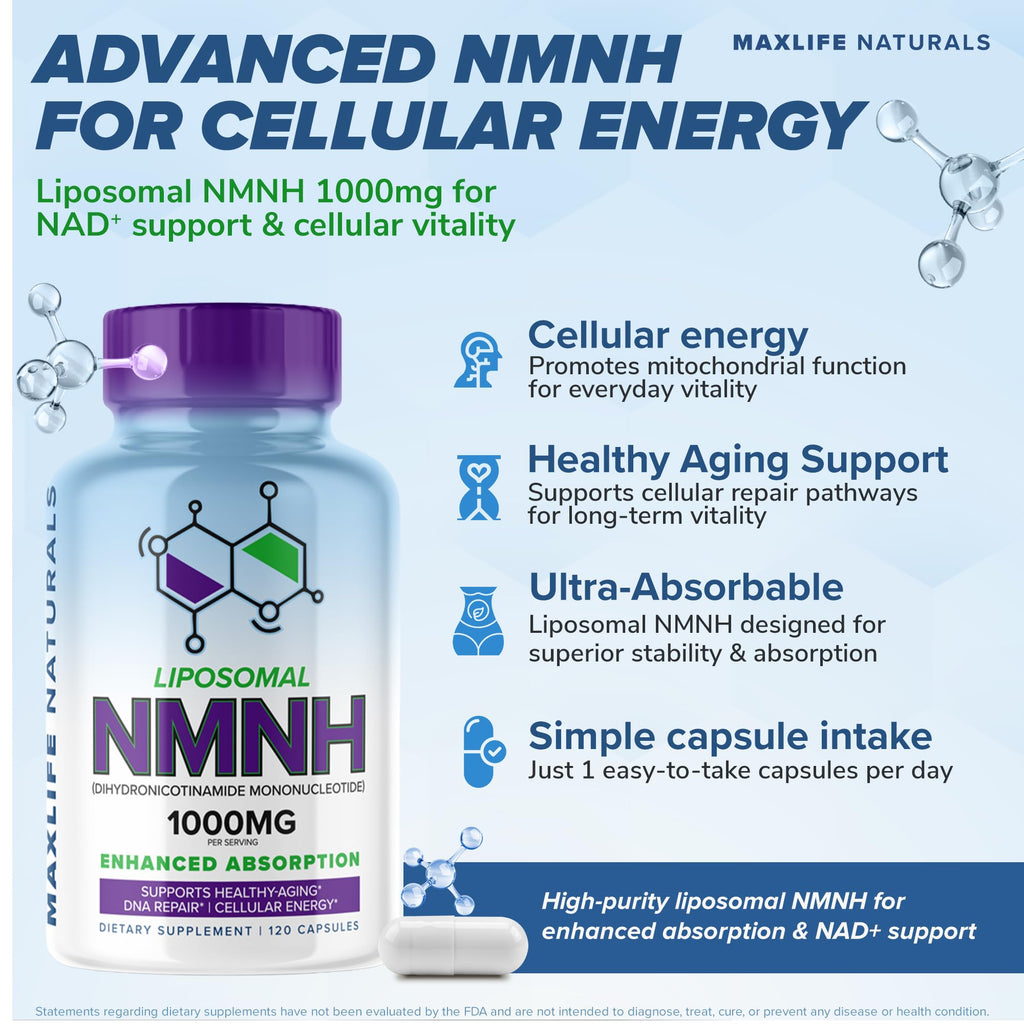 Liposomal NMNH 1000mg - 120 Capsules, Dihydronicotinamide Mononucleotide NAD+ Precursor - Ultra-Absorbable NAD Plus Complex, Liposomal NMN Supplements Capsules for Aging Support & Cellular Energy MAXLIFE NATURALS Au supplements