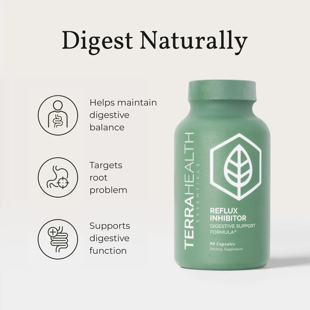 Terra Health Essentials Reflux Inhibitor - Digestive Supplement for Stomach Comfort, Acid Balance & Nutrient Absorption - Betaine HCL with Pepsin