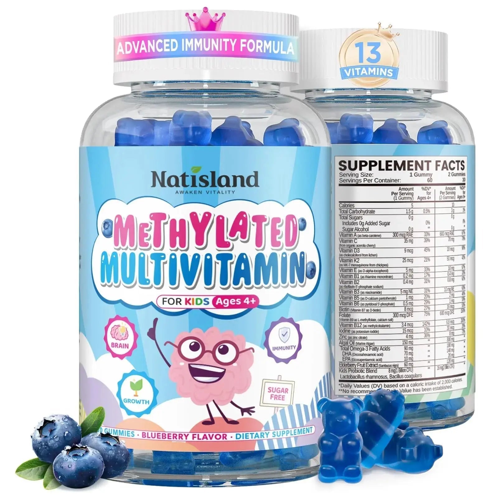 Kids Methylated Multivitamin - MTHFR Multivitamin for Kids & Teens 4+, L Methylfolate & B12, 13 Vitamins, Vegan Omega-3 NATISLAND Au supplements