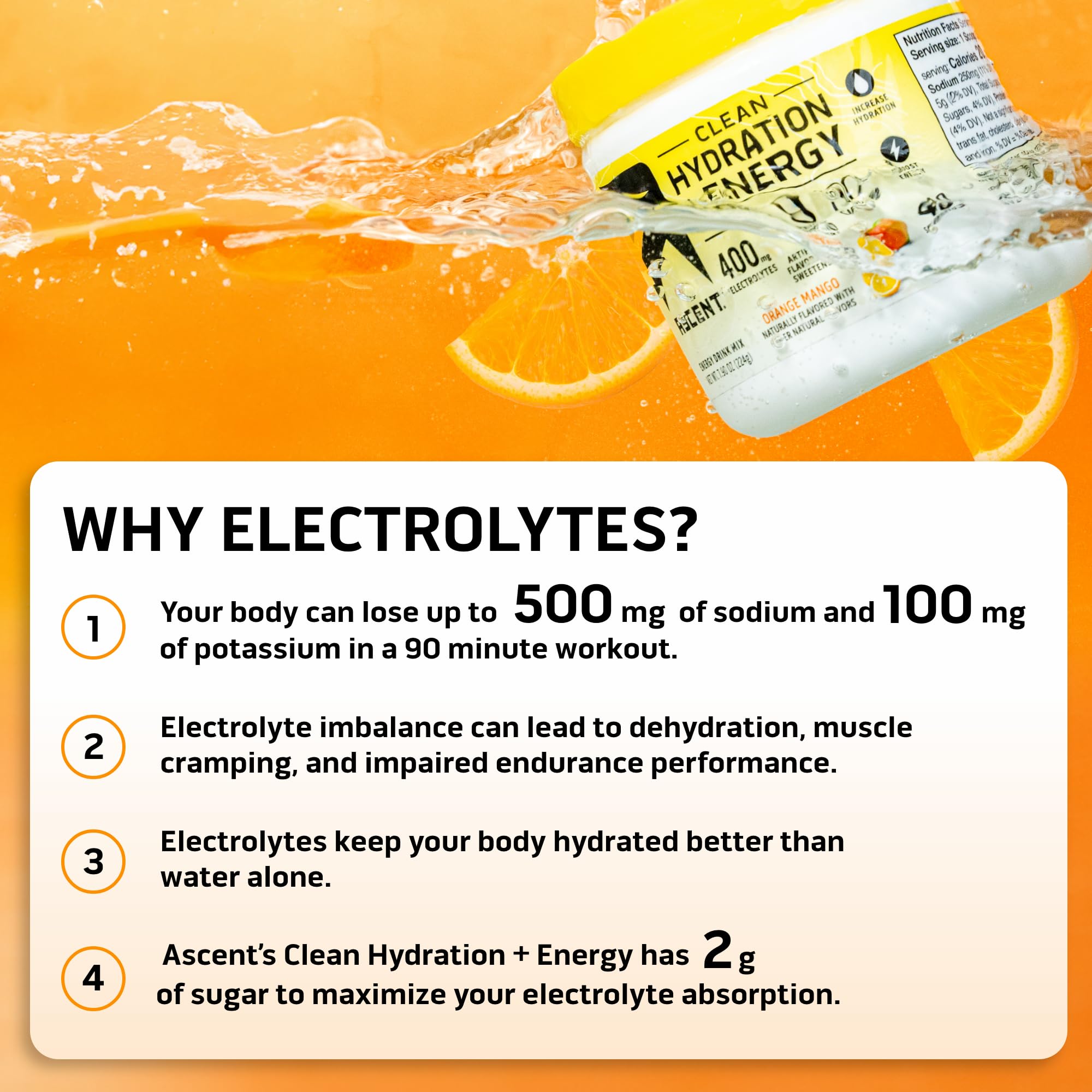 Ascent Clean Hydration + Energy Electrolytes Powder - 100mg Caffeine, 400mg Electrolytes, No Artificial Ingredients, Orange Mango 40 Servings