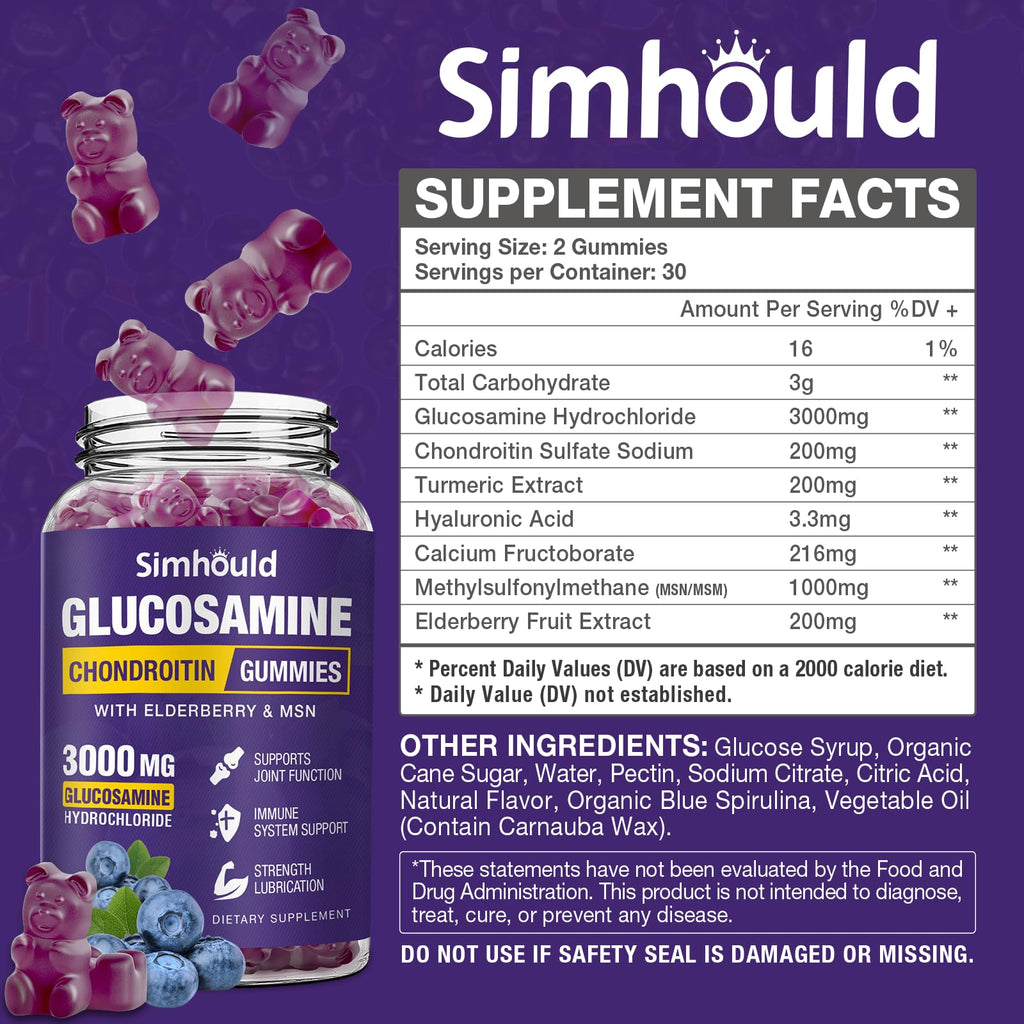 Simhould 2 Packs Glucosamine Chondroitin Gummies - 3000MG Extra Strength Joint Support Supplement with MSM & Elderberry, Flexibility, Antioxidant Immune Support