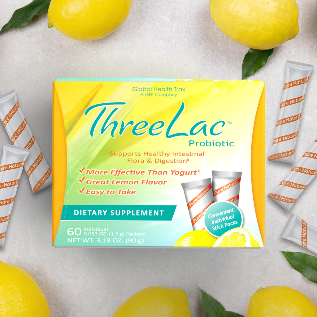 Global Health Trax ThreeLac Lemon Probiotic Drink Mix for Digestive Health - Advanced Probiotic Powder Formula for Men, Women, and Kids - Immune Support & Gut Balance, Non-GMO - 120 Packets ght Global Health Trax Au supplements