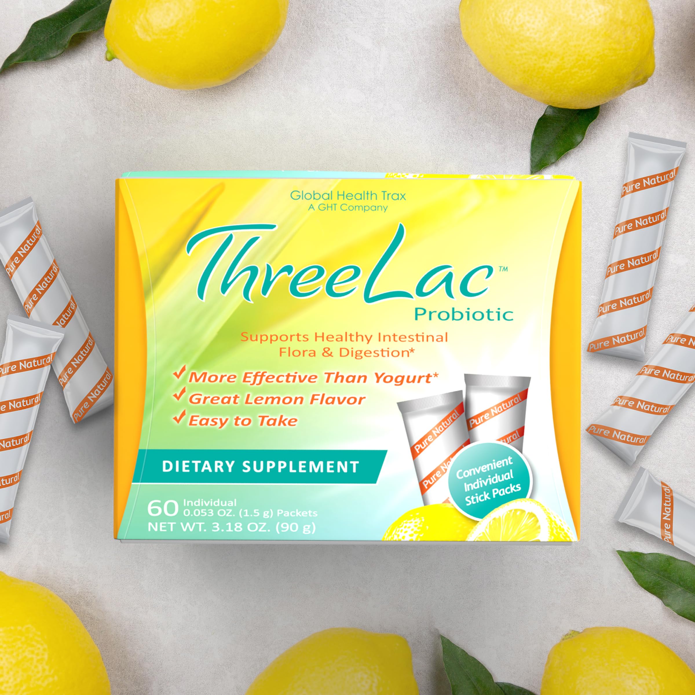 Global Health Trax ThreeLac Lemon Probiotic Drink Mix for Digestive Health - Advanced Probiotic Powder Formula for Men, Women, and Kids - Immune Support & Gut Balance, Non-GMO - 180 Packets ght Global Health Trax Au supplements