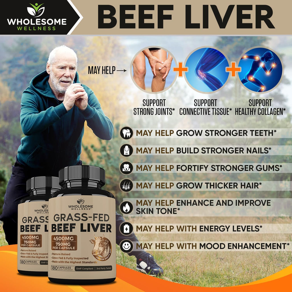 Wholesome Wellness Grass Fed Desiccated Beef Liver Capsules (180 Pills, 750mg Each) - Natural Iron, Vitamin A, B12 for Energy - Raised Undefatted in New Zealand