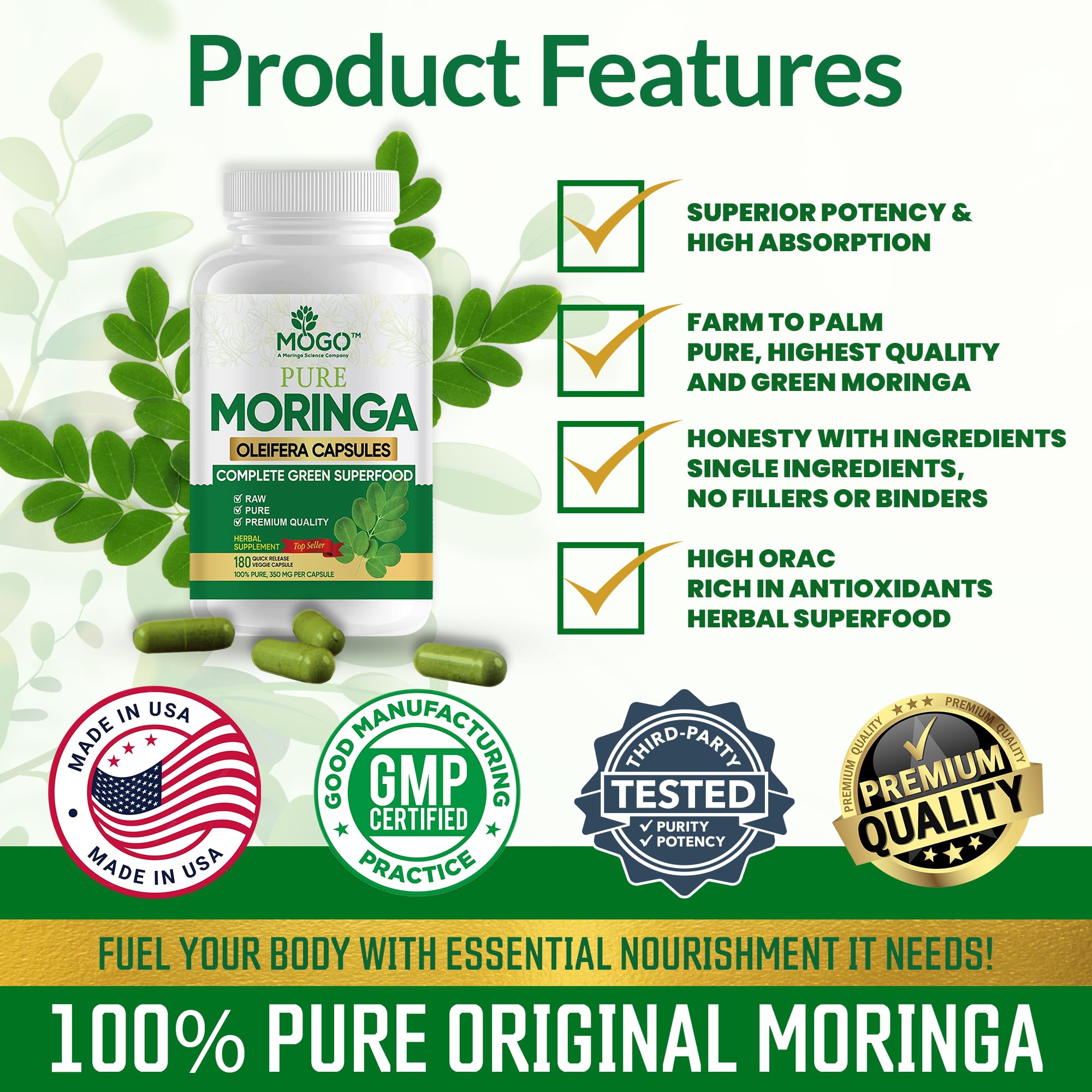 MOGO Moringa Capsules -180 Ct| Boost Energy, Immune, Gut, Joint Support | Made with Pure Organic Moringa Powder Organic Capsules | Made in USA