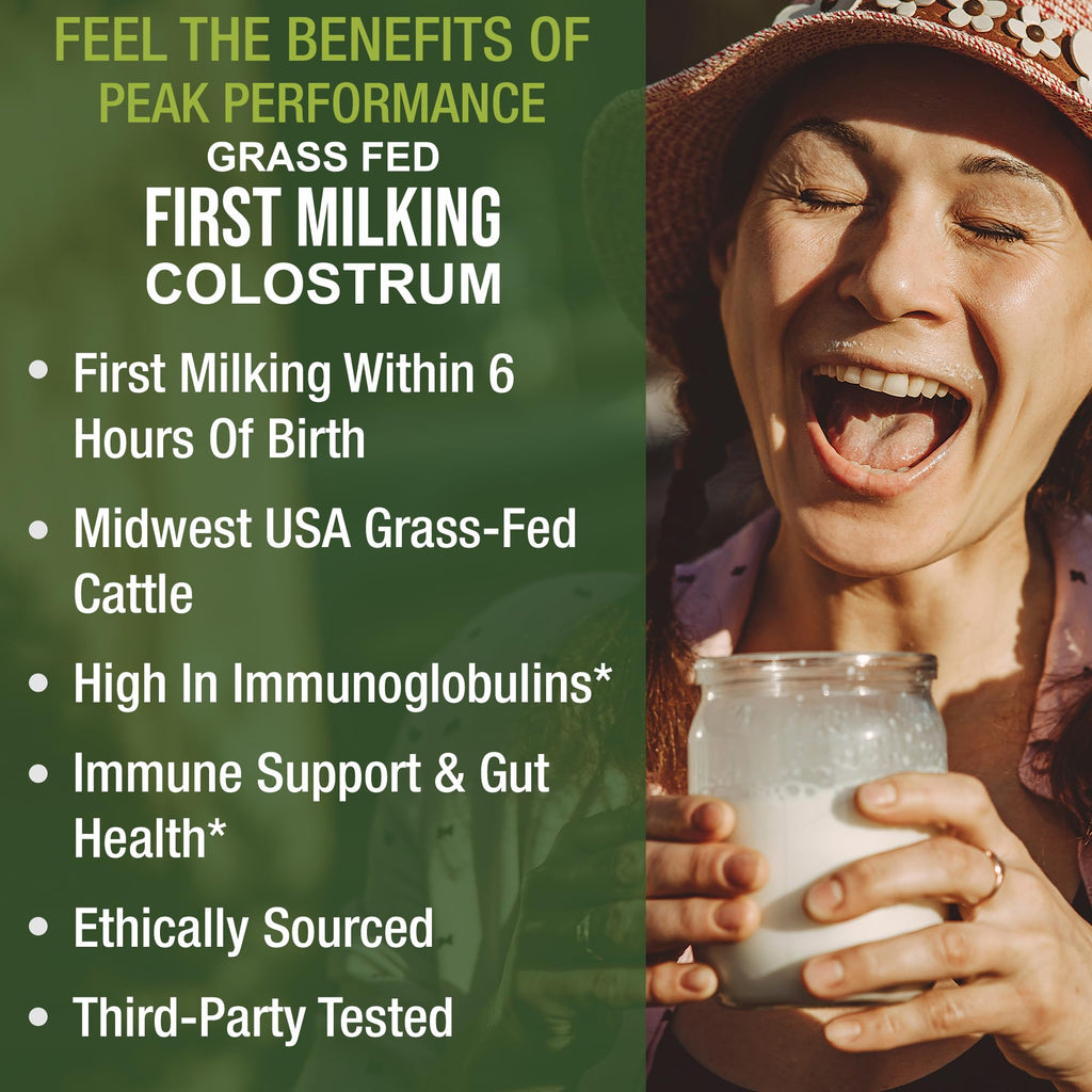 First Milking Colostrum Powder from Grass Fed USA Cows Milked Within 6 Hours of Giving Birth to Get the Most Bioactive Nutrients. High Immunoglobulin Non-GMO Bovine Colostrum Supplement for Humans Peak Performance Au supplements