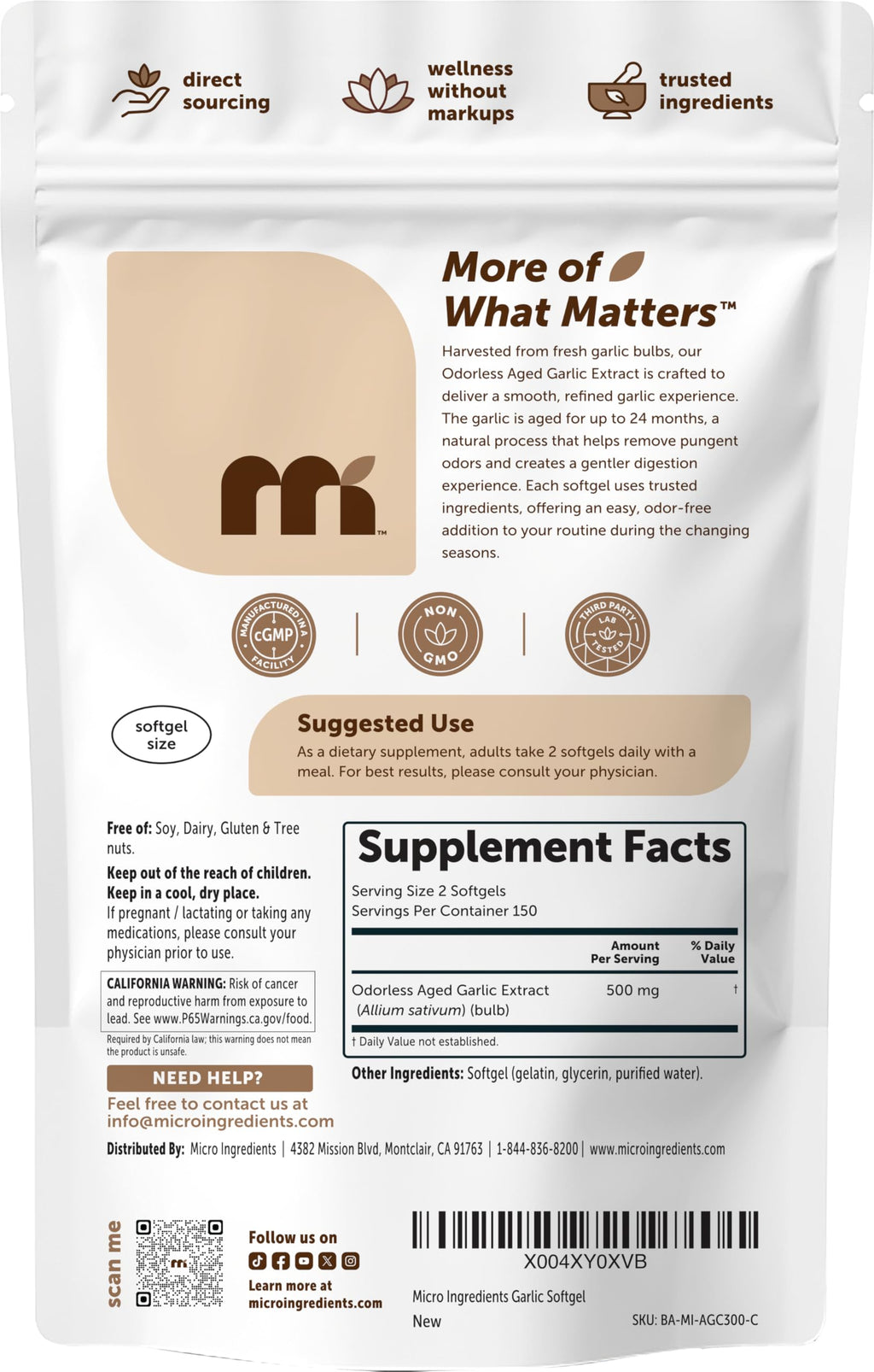 Micro Ingredients Odorless Garlic, 300 Softgels | 2 Years Aged Garlic Extract | Grown Allium Sativum Bulb