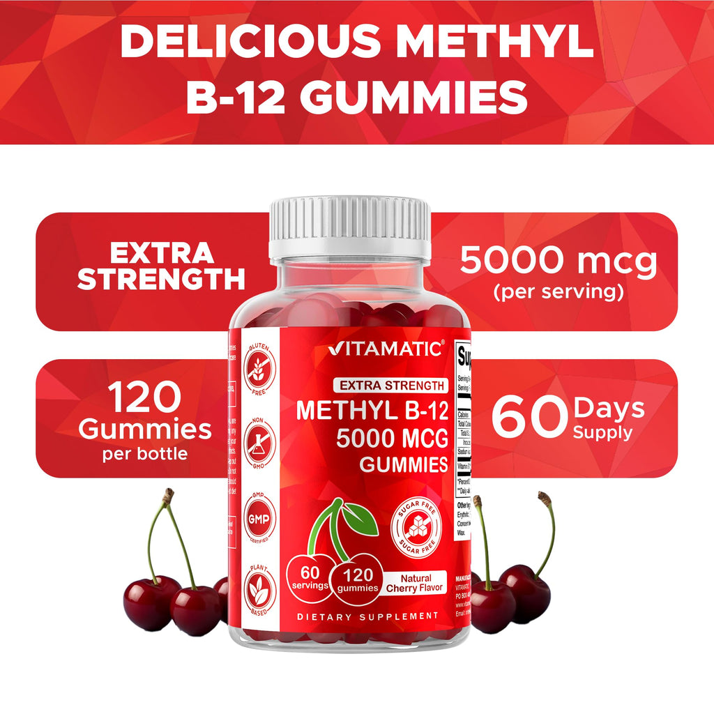 Vitamatic Extra Strength Vitamin B12 5000 mcg (Methyl B12) Gummies - 120 Count - Energy Metabolism Support and Nervous