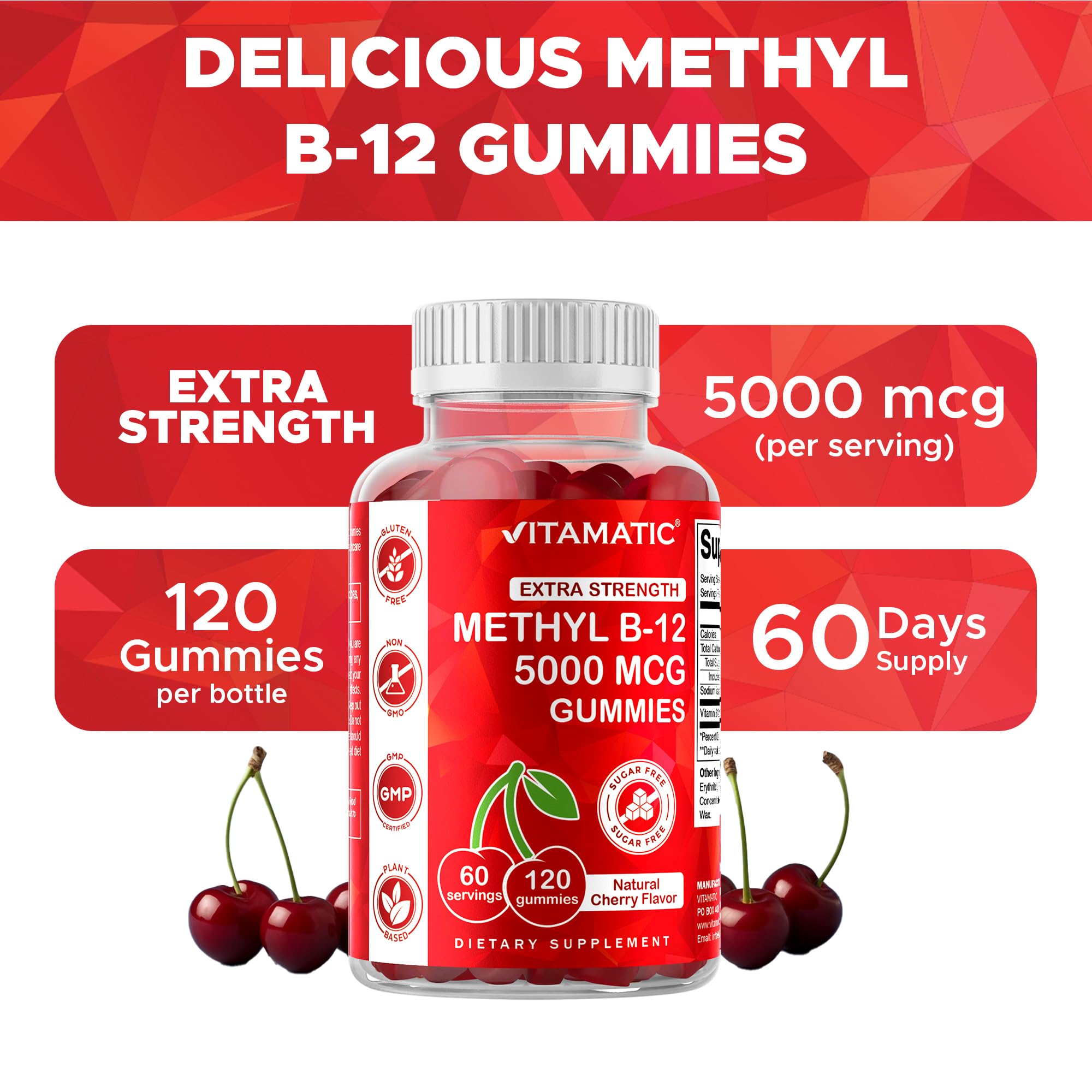 Vitamatic Extra Strength Vitamin B12 5000 mcg (Methyl B12) Gummies - 120 Count - Energy Metabolism Support and Nervous