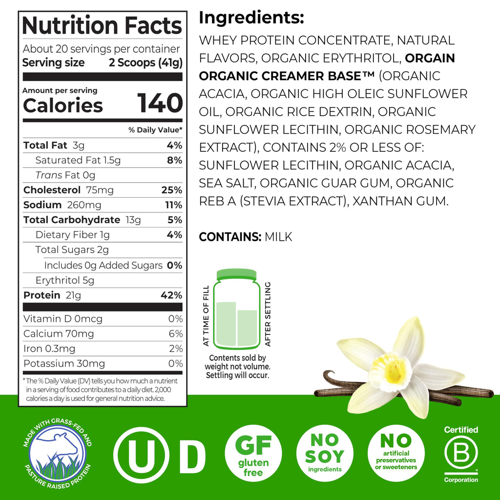Orgain Whey Protein Powder, Vanilla Bean, 21g Grass Fed Dairy Protein, 5g BCAAs, 3g Prebiotic Fiber, 2g Sugar, No Added Hormones, Gluten Free, Kosher, for Shakes & Smoothies, 1.82 lb