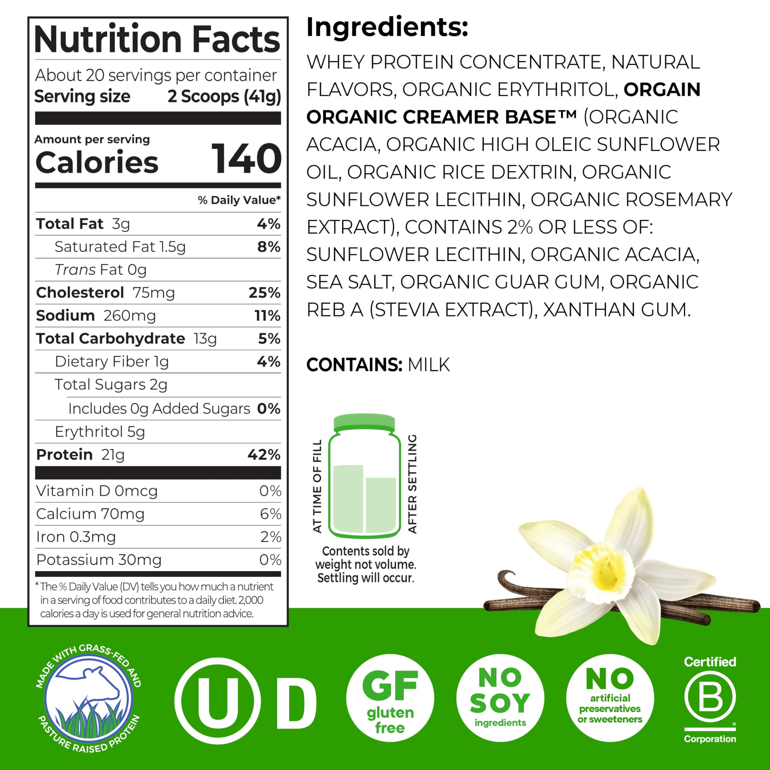 Orgain Whey Protein Powder, Vanilla Bean, 21g Grass Fed Dairy Protein, 5g BCAAs, 3g Prebiotic Fiber, 2g Sugar, No Added Hormones, Gluten Free, Kosher, for Shakes & Smoothies, 1.82 lb