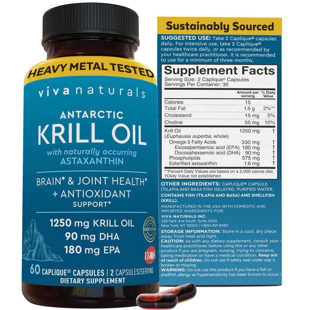 Viva Naturals Antarctic Krill Oil Omega 3 Supplements 1250 mg - DHA EPA Omega-3 & Astaxanthin Concentration for Joint Health,