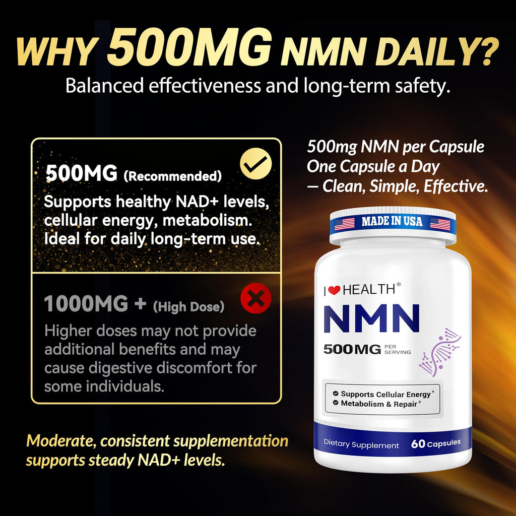 NMN 500MG Per Capsule – High Purity 99.9% NMN, NAD+ Support for Cellular Energy & Healthy Aging, 60 Capsules, Third-Party Tested, cGMP Made in USA I LOVE HEALTH Au supplements
