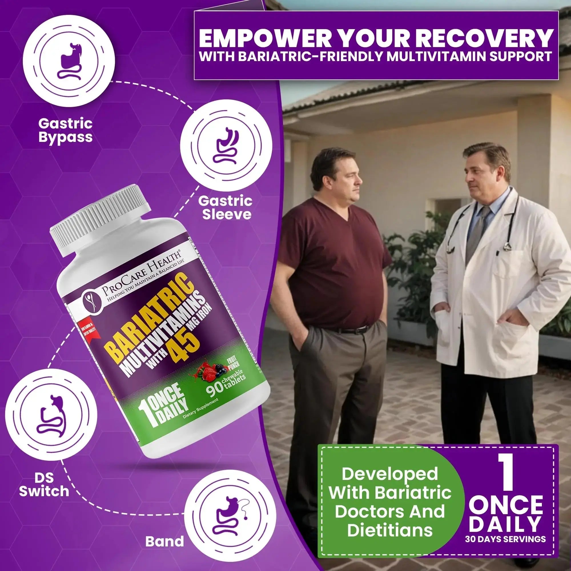 Procare Health Bariatric Multivitamin with Iron 45mg Chewable (90 Tablets) - Fruit Punch Flavor Bariatric Multivitamin Chewable Pills for Gastric Bypass ProCare Health Au supplements