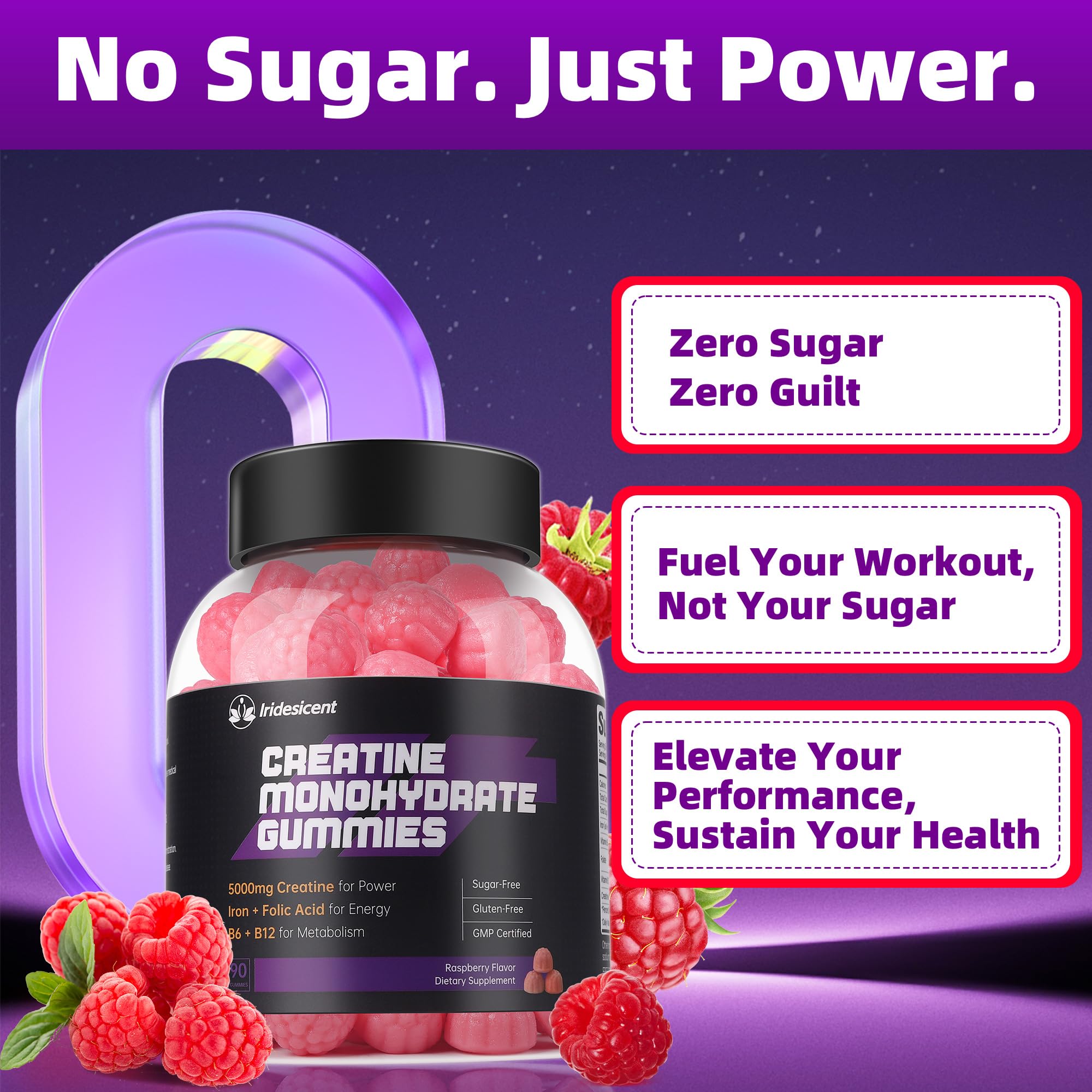 IRIDESICENT Creatine Monohydrate Gummies 5000mg w/Iron, Vitamin B6 & B12, Sugar Free 5g Creatine Supplements for Women and Men Boost Energy & Muscle Recovery - 90 Raspberry Gummies IRIDESICENT Au supplements