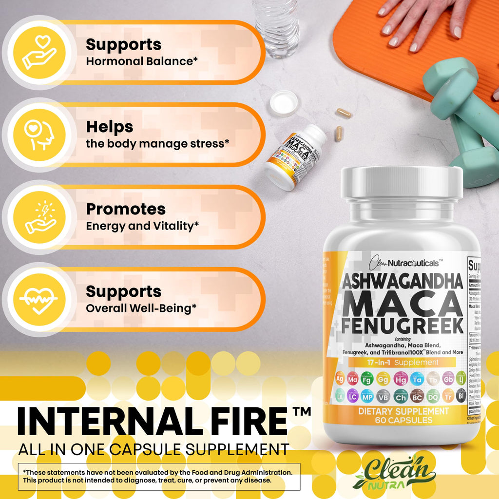 Clean Nutraceuticals Ashwagandha Maca Root Fenugreek Supplement with Tongkat Ali Ginseng - Assists with Stress, Mood & Thyroid - Ashwagandha Capsules Fenugreek Caps - 1 Pack Clean Nutraceuticals Au supplements