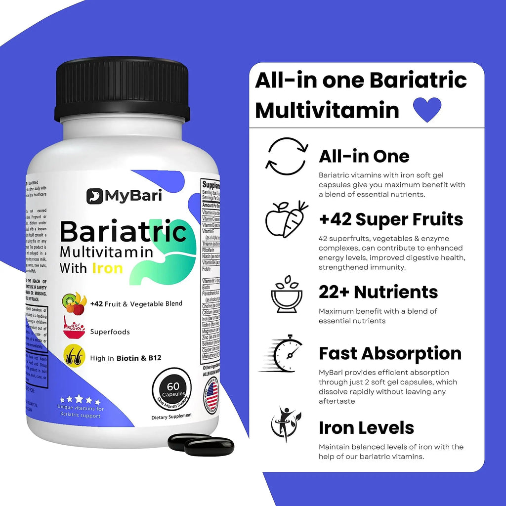MyBari All-in-One Bariatric Multivitamin with Iron - Made in USA - for Men & Women - Supports Gastric Sleeve & Bypass with 42+ Fruit & Veggie Blend - 60 Liquid Capsules MyBari Au supplements
