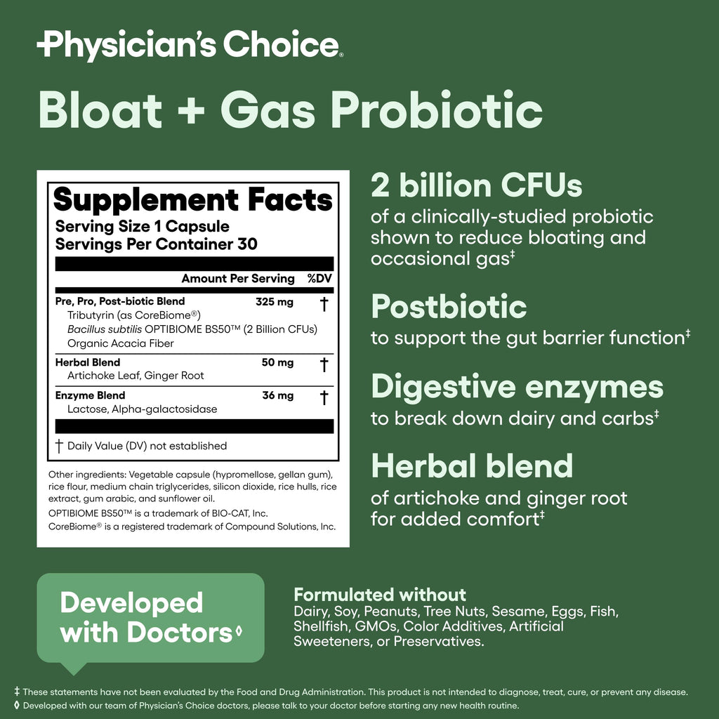Physician's CHOICE Bloat & Gas Probiotic 5-in-1 Proactive Support + Daily Relief - Digestion & Gut Health- Herbals, Digestive Enzymes, Post & Prebiotics
