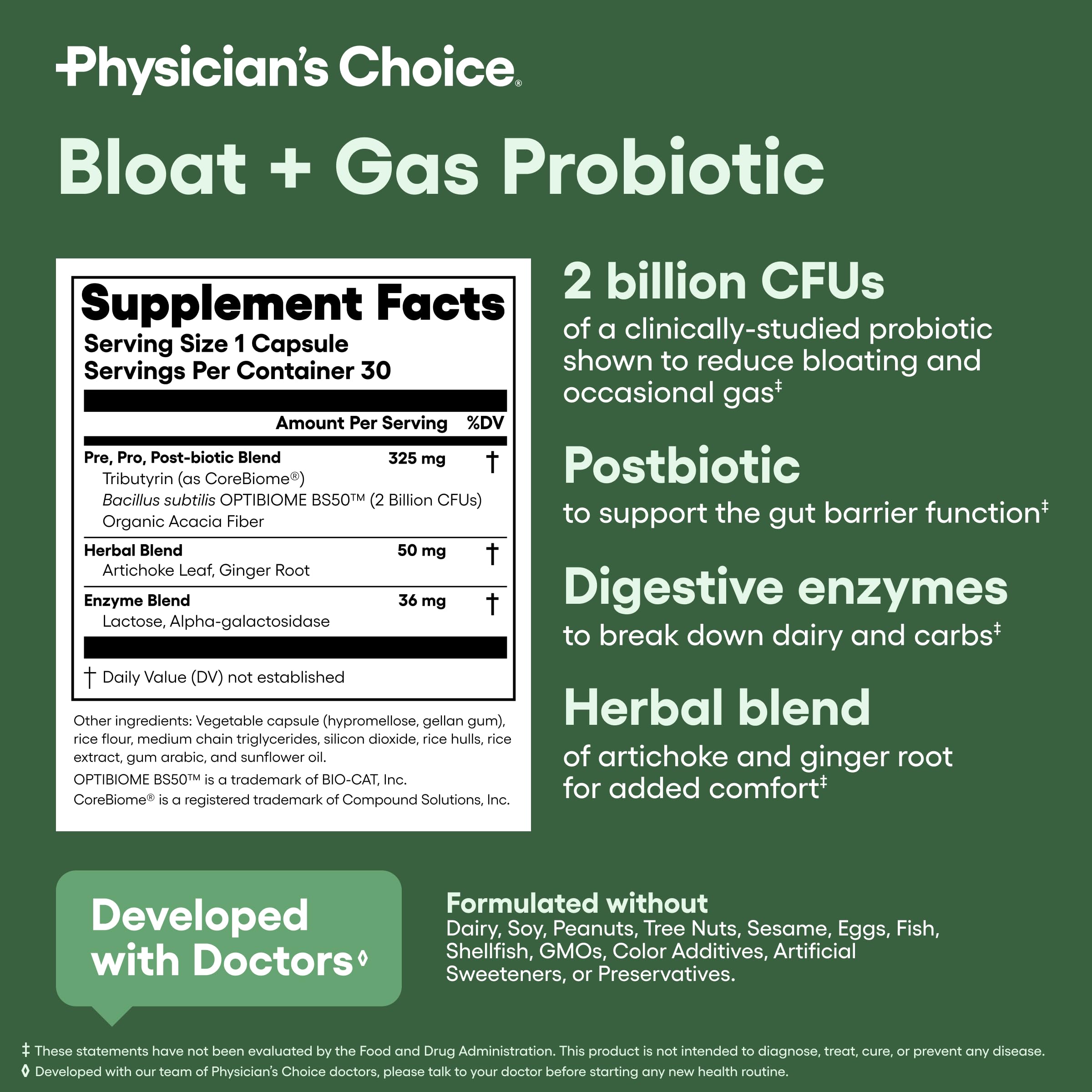 Physician's CHOICE Bloat & Gas Probiotic 5-in-1 Proactive Support + Daily Relief - Digestion & Gut Health- Herbals, Digestive Enzymes, Post & Prebiotics