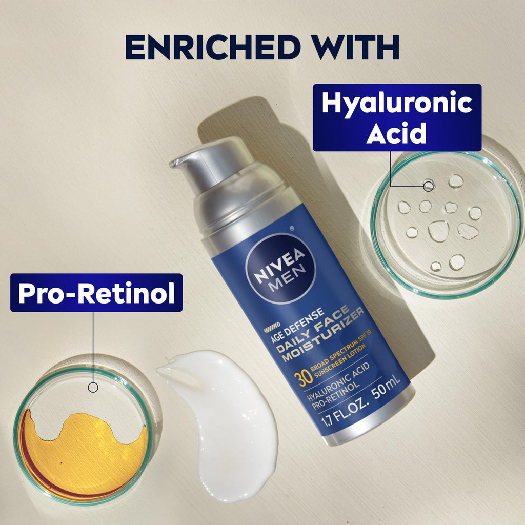 NIVEA MEN Age Defense Daily Face Moisturizer with Broad Spectrum SPF 30 Sunscreen, Pro-Retinol and Hyaluronic Acid, Beard-Friendly