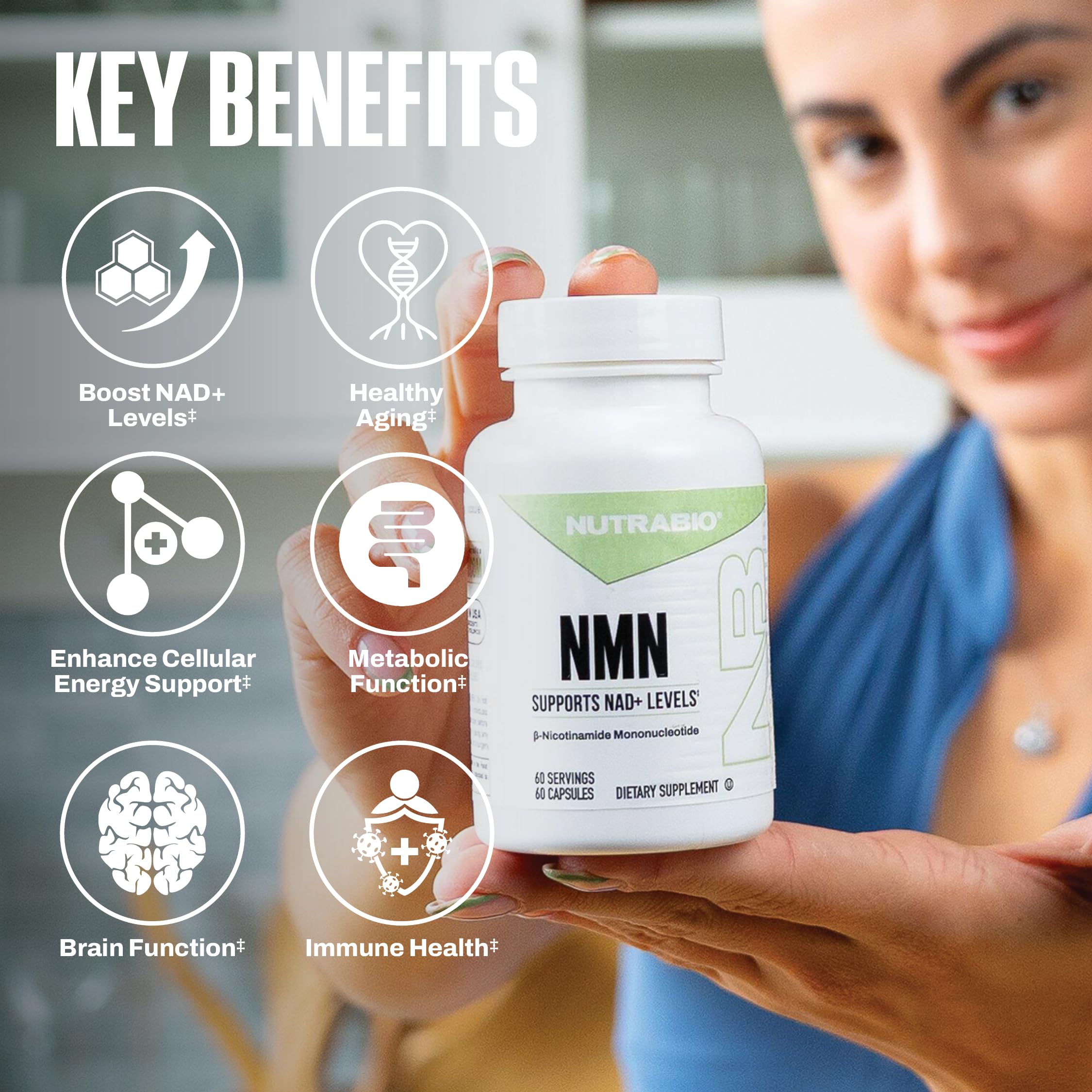 NutraBio NMN - NAD Supplement, Longevity Support, Boost NAD Levels, Increase Cellular Energy, Brain Health, Healthy Aging- 60 Servings- 60 Capsules NutraBio Au supplements