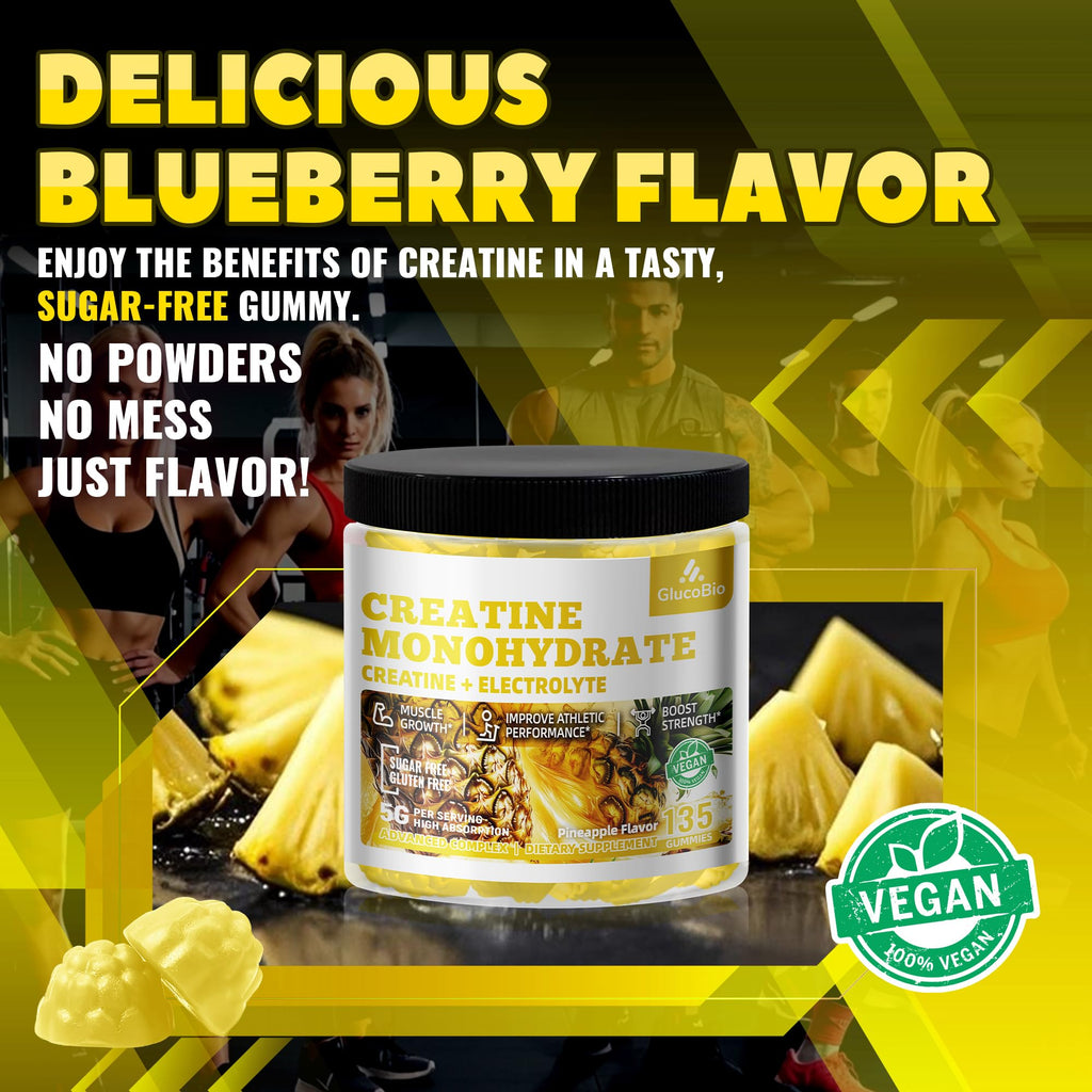 GlucoBio Creatine Monohydrate Gummies (5g) – Pre-Workout Energy & Muscle Growth Support for Men & Women | Pineapple Electrolyte Gummies (135 Count)