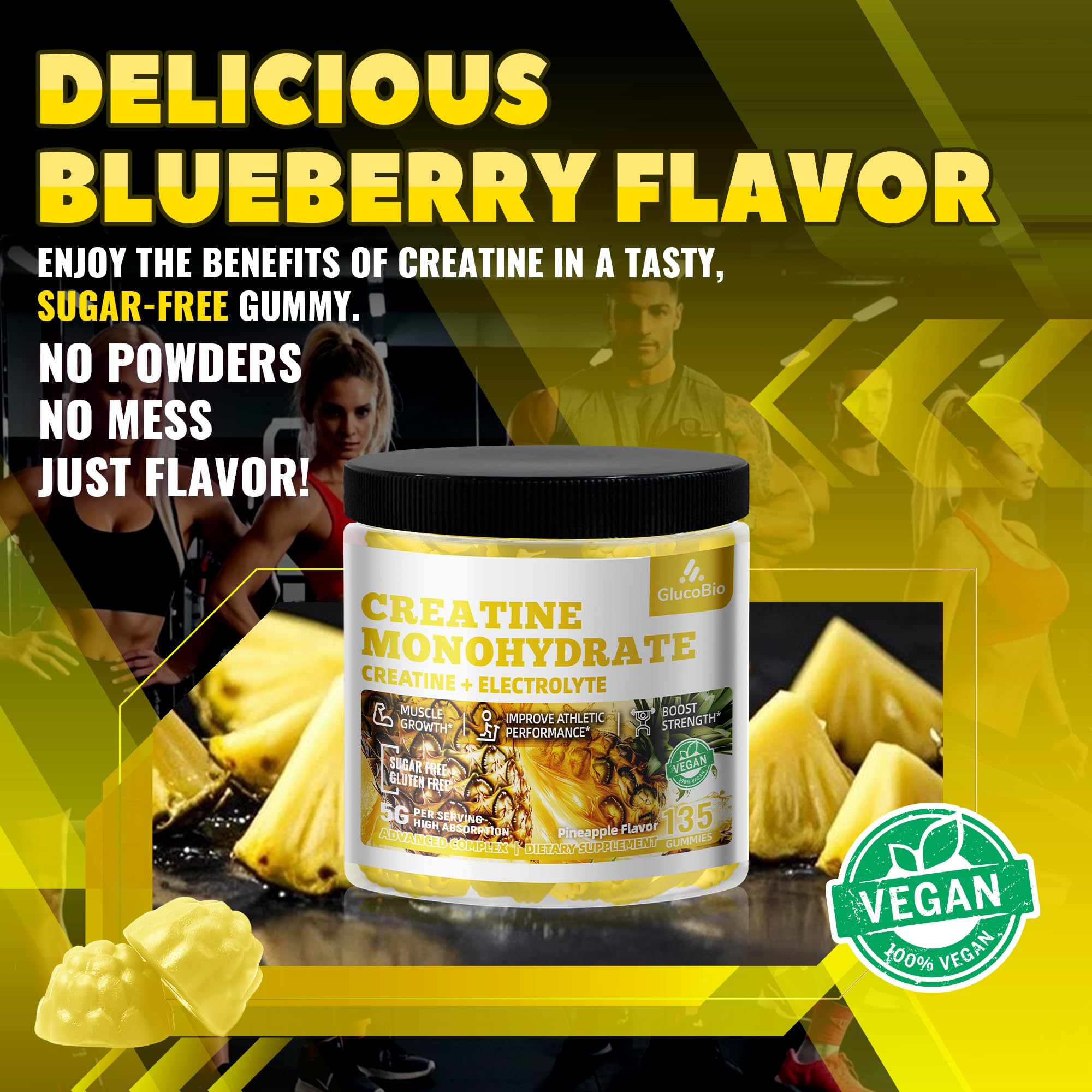 GlucoBio Creatine Monohydrate Gummies (5g) – Pre-Workout Energy & Muscle Growth Support for Men & Women | Pineapple Electrolyte Gummies (135 Count)