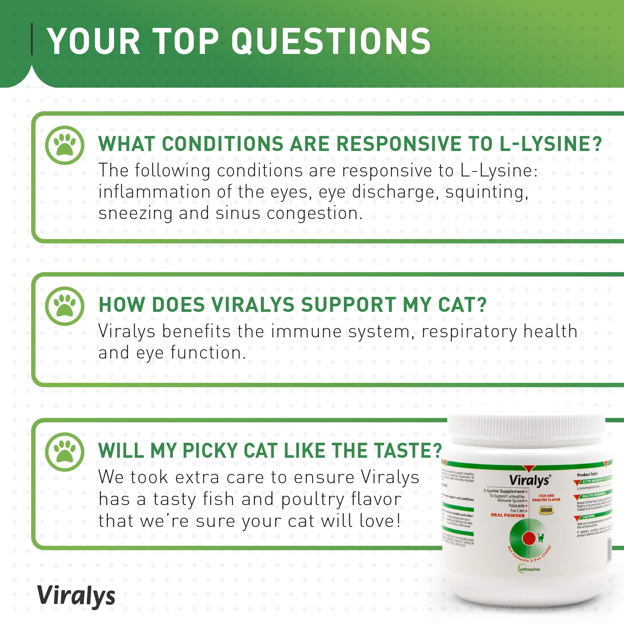 Vetoquinol Viralys Daily L-Lysine Powder for Cats and Kittens, Fish Flavored Lysine Supplement for Cats and Kittens to Support Immune Health