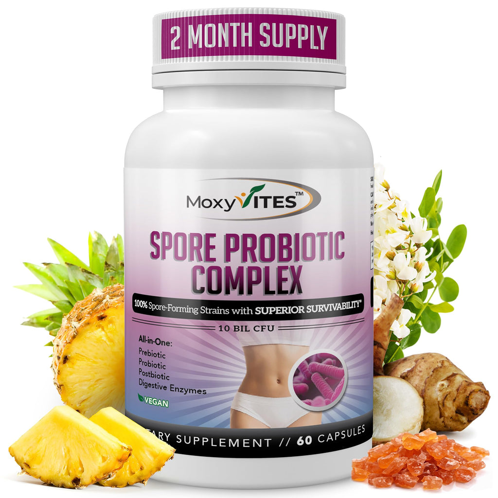 MoxyVites Spore Probiotic Complex - All In One Prebiotics and Probiotics for Digestive Health, Postbiotic, Digestive Enzymes Daily Supplement - Spore Based Probiotic for Women & Men MoxyVites Au supplements