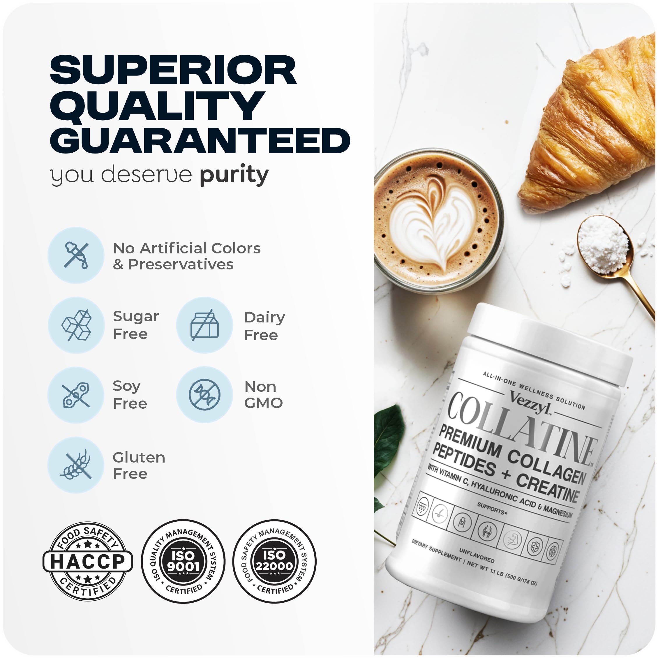 Vezzyl - Collatine - Premium Collagen Peptides + Creatine with Vitamin C, Hyaluronic Acid and Magnesium for Skin, Hair, Nails, Bone & Joint, Muscle, Immune and Cognitive Aid (.55 LB (250 G/8.8 OZ) Vezzyl Au supplements