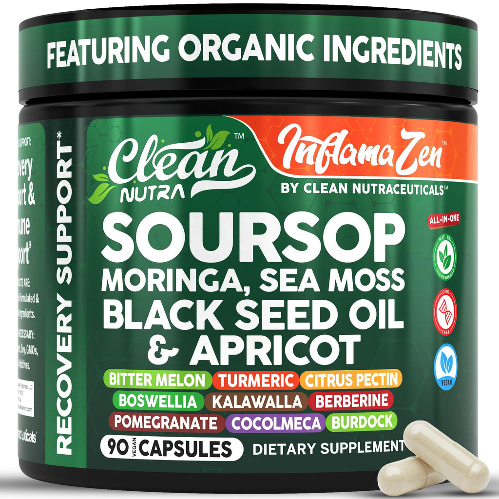 Clean Nutra Soursop Supplement Moringa Sea Moss Black Seed Oil Berberine Turmeric Resveratrol Quercetin Greens Bitters Boswellia Bitter