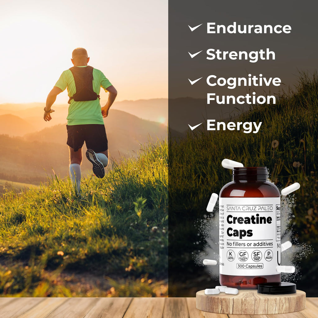 Santa Cruz Paleo Creatine Capsules, Supports Muscle Growth & Energy, Gluten Free, Keto, Sugar Free, Paleo, No Fillers or Additives, Creatine Monohydrate Pills,