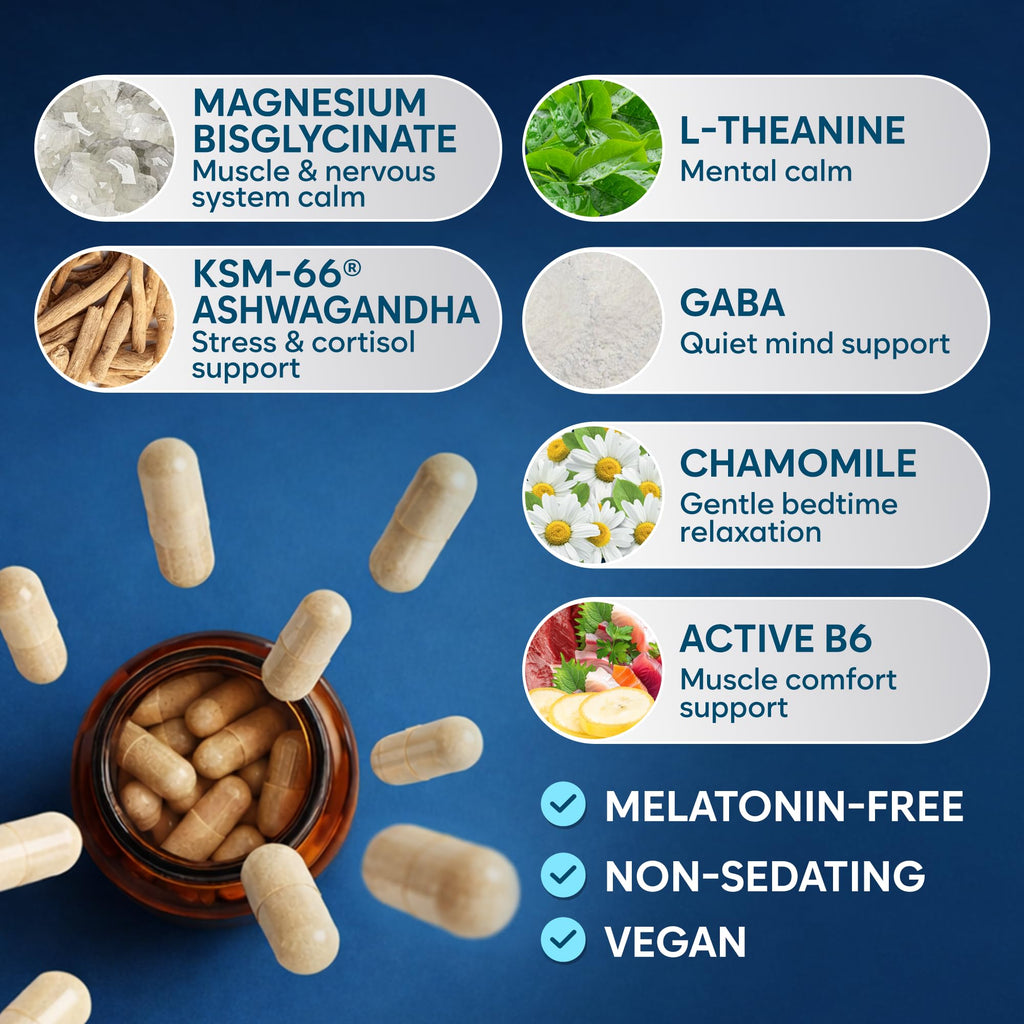 Natural Chelated Magnesium Glycinate Sleep Aid - Melatonin-Free Sleep & Stress Relief with KSM-66 Ashwagandha, GABA, L-Theanine & Chamomile for Muscle Relaxation - Made in USA - 90 Capsules Facime Au supplements