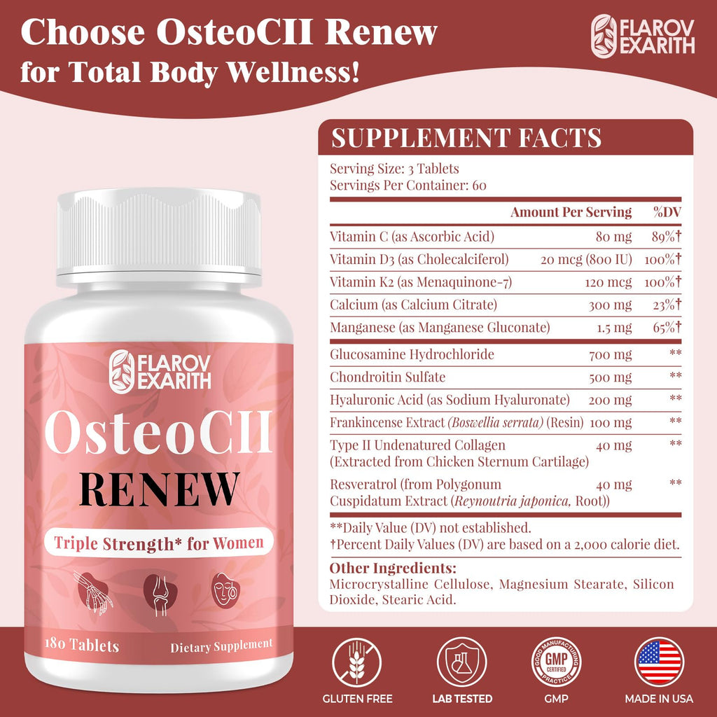 Joint Supplements for Women OsteoCII Renew Triple Strength – Advanced Joint, Bone & Skin Formula – Collagen, Glucosamine, Chondroitin, Calcium, MK-7, Vitamin D3, Hyaluronic Acid, 180 Tablets Flarovexarith Au supplements