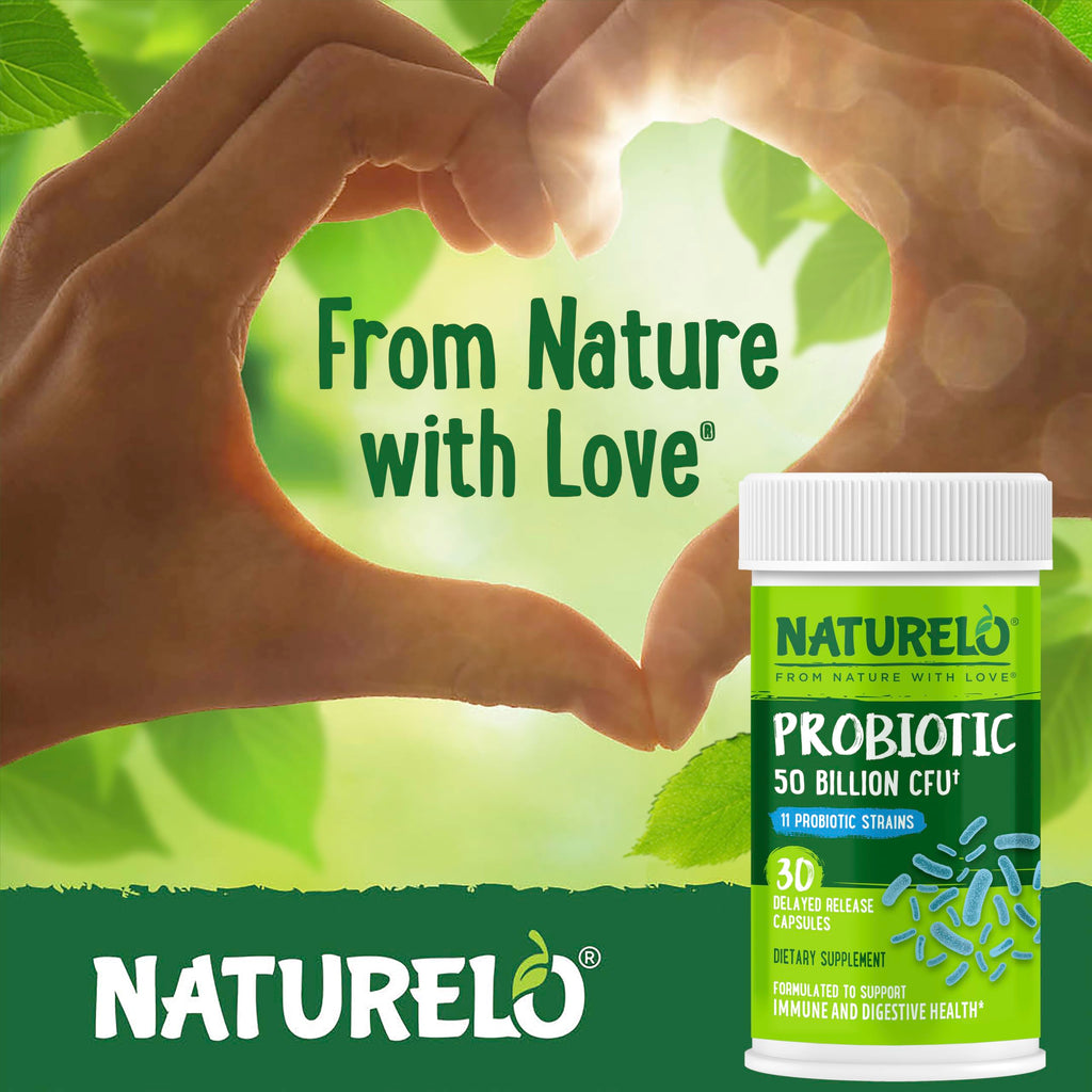 NATURELO Probiotics for Digestive Health, 50 Billion CFU, 30 Vegetarian Capsules, 11 Strains, Daily Use Supplement, Delayed Release, No-Fridge, Helps Boost Immune System,