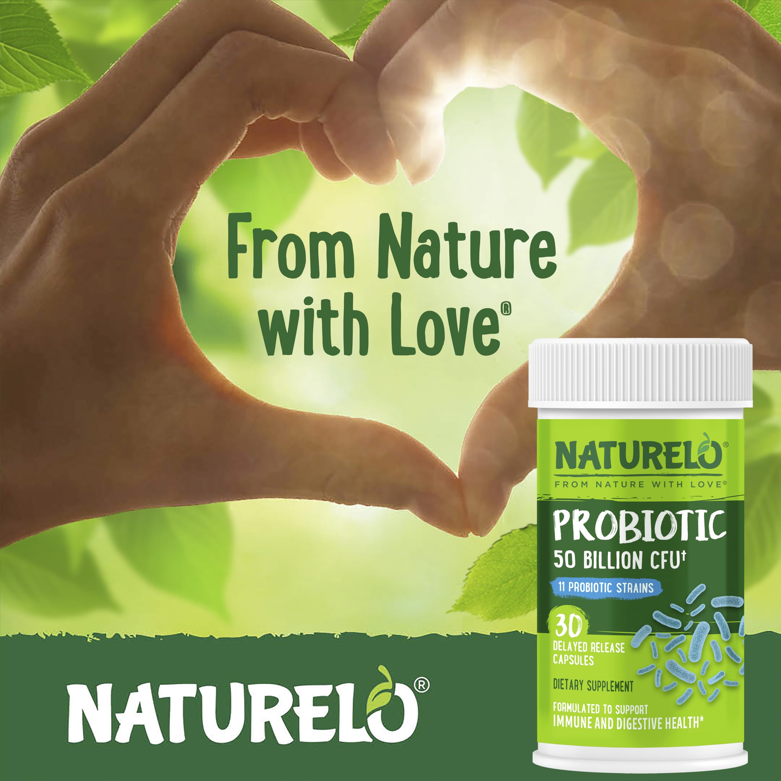 NATURELO Probiotics for Digestive Health, 50 Billion CFU, 30 Vegetarian Capsules, 11 Strains, Daily Use Supplement, Delayed Release, No-Fridge, Helps Boost Immune System,